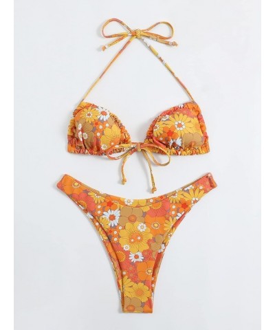 Women's Glitter Tie Side Spaghetti Strap 2 Piece Bikini Swimsuit Orange All Over $9.68 Swimsuits