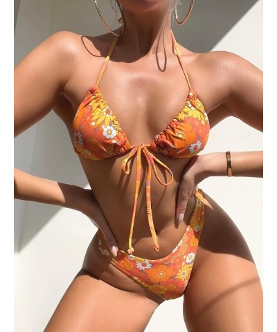 Women's Glitter Tie Side Spaghetti Strap 2 Piece Bikini Swimsuit Orange All Over $9.68 Swimsuits