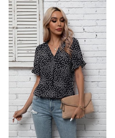 Women's Chiffon Casual V Neck Short Sleeve Tunics Tops Blouses Summer Office Work Shirts Dot Black $14.39 Tops