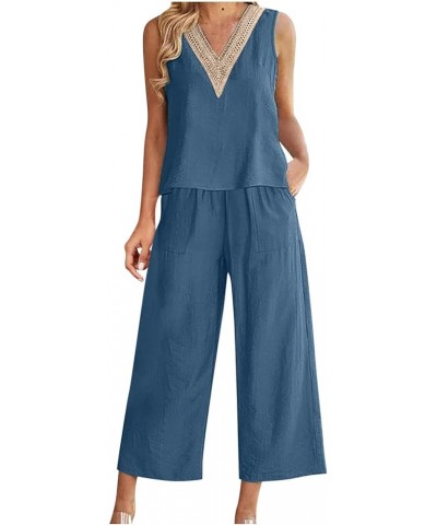 Women's Summer 2 Piece Outfits Sleeveless Tank Crop Wide Leg Pants Lounge Linen Set Vacation Outfits Pockets Linen Set for Wo...