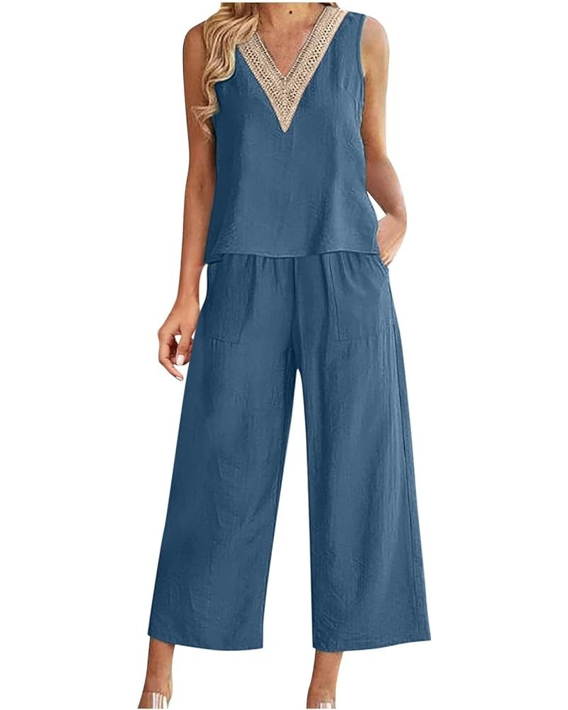 Women's Summer 2 Piece Outfits Sleeveless Tank Crop Wide Leg Pants Lounge Linen Set Vacation Outfits Pockets Linen Set for Wo...