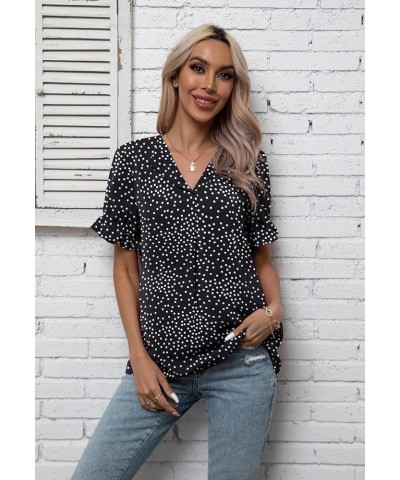 Women's Chiffon Casual V Neck Short Sleeve Tunics Tops Blouses Summer Office Work Shirts Dot Black $14.39 Tops