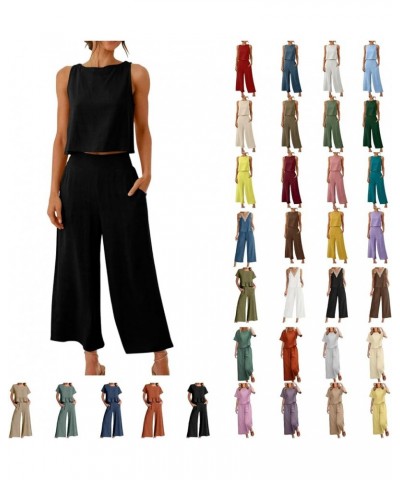 Women's Summer 2 Piece Outfits Sleeveless Tank Crop Wide Leg Pants Lounge Linen Set Vacation Outfits Pockets Linen Set for Wo...