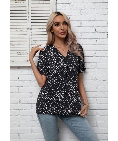 Women's Chiffon Casual V Neck Short Sleeve Tunics Tops Blouses Summer Office Work Shirts Dot Black $14.39 Tops