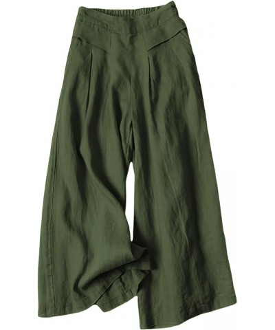 Women's Cotton Linen Culottes Pants Elastic Waist Wide Leg Palazzo Trousers Capri Pant Armygreen $19.24 Pants