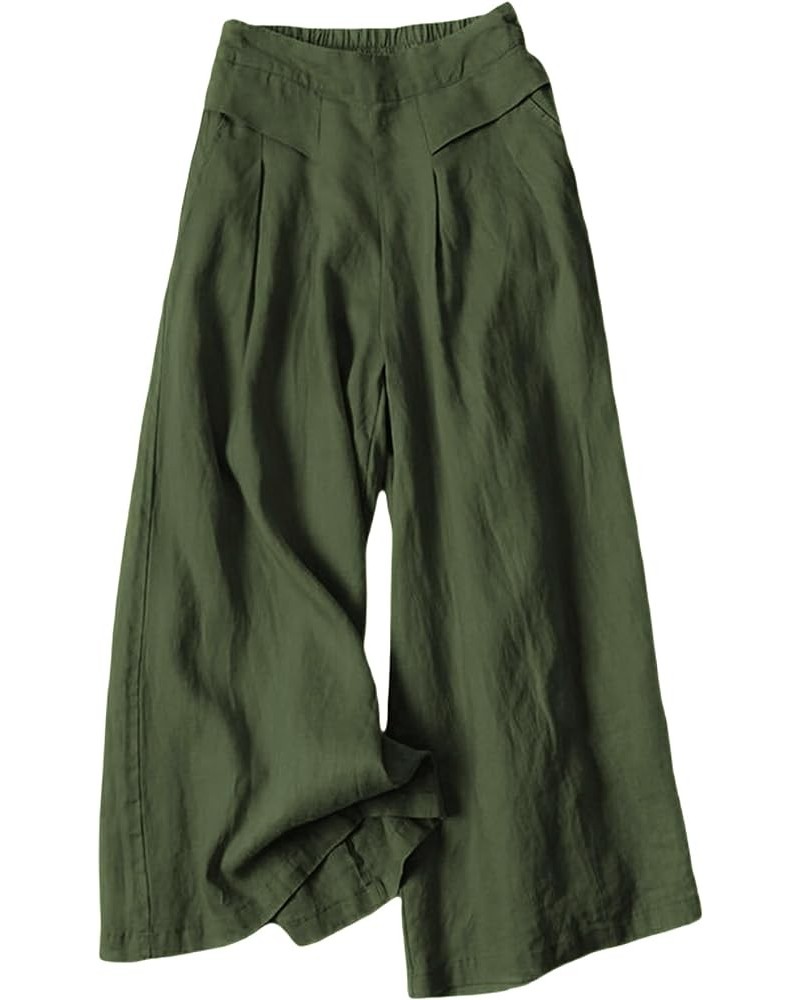 Women's Cotton Linen Culottes Pants Elastic Waist Wide Leg Palazzo Trousers Capri Pant Armygreen $19.24 Pants