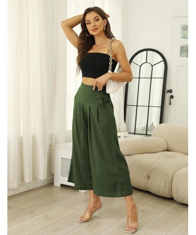 Women's Cotton Linen Culottes Pants Elastic Waist Wide Leg Palazzo Trousers Capri Pant Armygreen $19.24 Pants