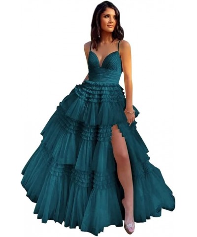 Glitter Tulle Prom Dresses with Slit Sparkle V-Neck Ball Gowns Elegant A-Line Spaghetti Straps Formal Evening Gowns Peacock $...