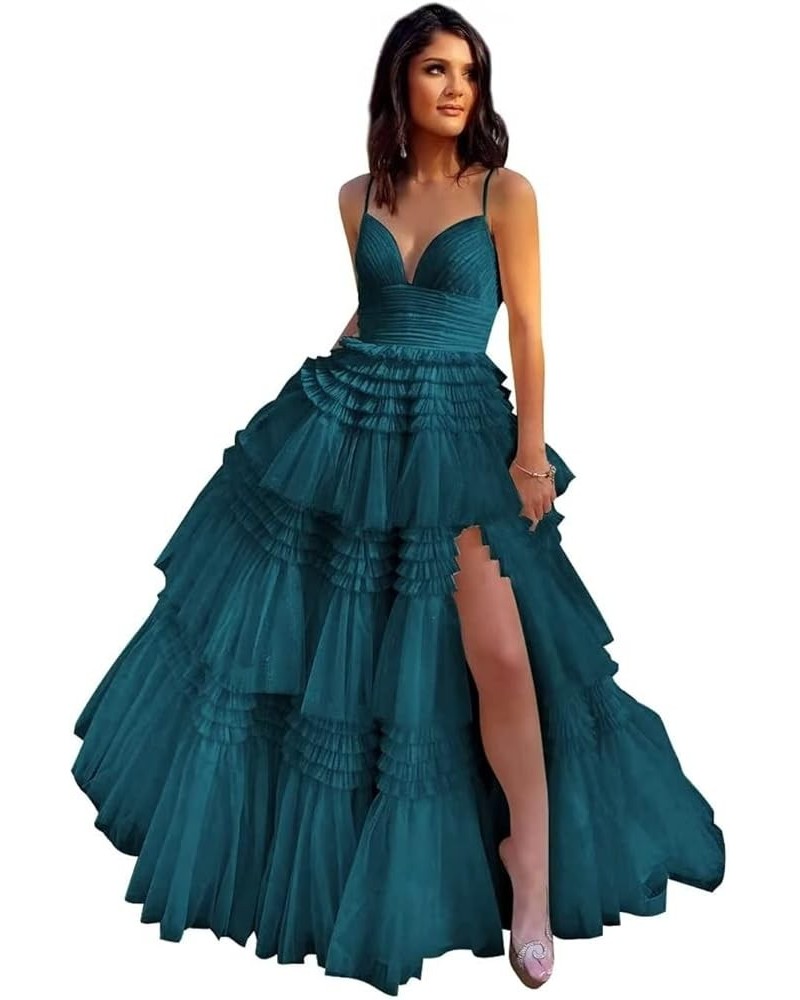 Glitter Tulle Prom Dresses with Slit Sparkle V-Neck Ball Gowns Elegant A-Line Spaghetti Straps Formal Evening Gowns Peacock $...