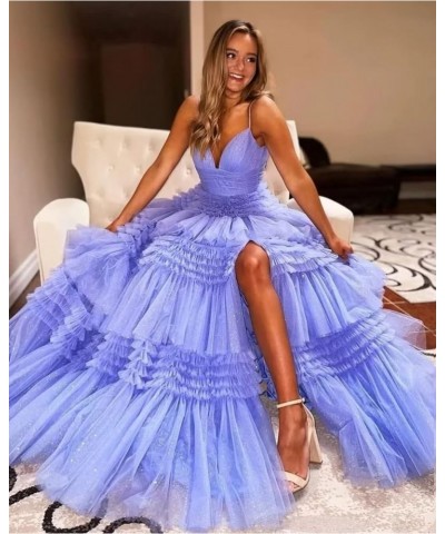 Glitter Tulle Prom Dresses with Slit Sparkle V-Neck Ball Gowns Elegant A-Line Spaghetti Straps Formal Evening Gowns Peacock $...