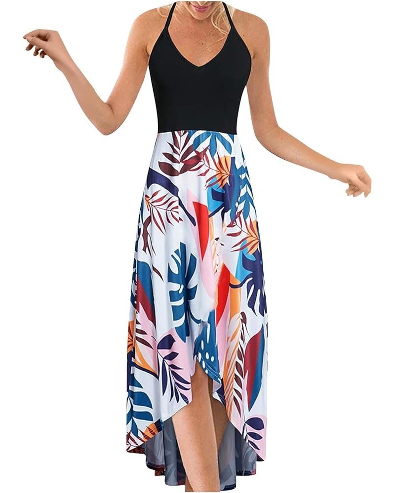 Women's Summer Sundresses V Neck Casual Sleeveless Asymmetrical Patchwork Floral Maxi Dresses C Blue $8.22 Dresses