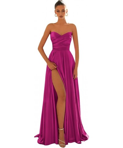 Pleated Satin Prom Dresses Long 2024 for Women Strapless Formal Evening Gown with Slit Fuchsia $25.50 Dresses