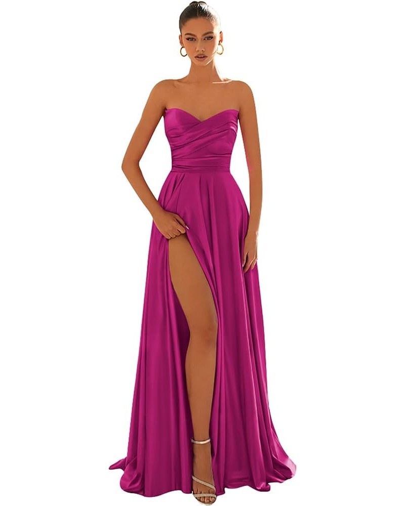 Pleated Satin Prom Dresses Long 2024 for Women Strapless Formal Evening Gown with Slit Fuchsia $25.50 Dresses