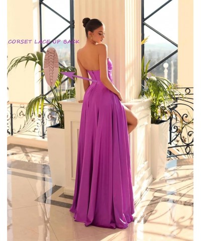 Pleated Satin Prom Dresses Long 2024 for Women Strapless Formal Evening Gown with Slit Fuchsia $25.50 Dresses