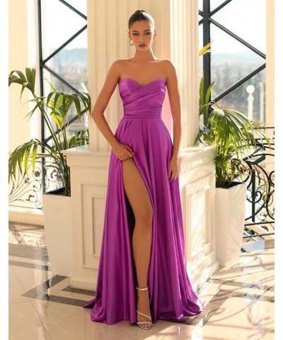 Pleated Satin Prom Dresses Long 2024 for Women Strapless Formal Evening Gown with Slit Fuchsia $25.50 Dresses