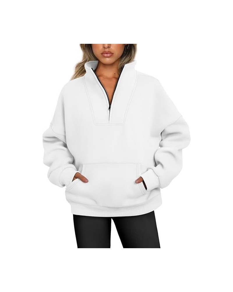 2023 Autumn/Winter Standing Collar Solid Color Sweater Pocket Zipper Women's Casual Loose Fleece Thread Top White $20.09 Swea...