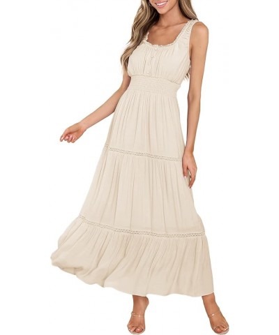 Women's Summer Sleeveless Lace Trim Square Neck Smocked A-Line Flowy Tiered Maxi Dress with Pockets Apricot $26.00 Dresses