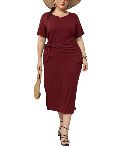 Womens Plus Size Dress Loose Sundress Dress Short Sleeve Side Split Long Maxi Dresses Summer Casual Tie Knot Front Dress Wine...