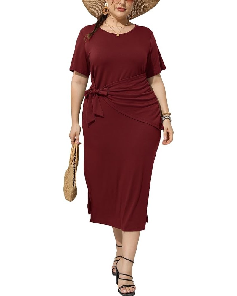 Womens Plus Size Dress Loose Sundress Dress Short Sleeve Side Split Long Maxi Dresses Summer Casual Tie Knot Front Dress Wine...