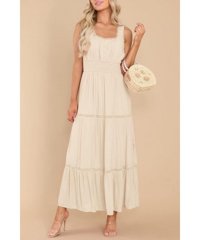 Women's Summer Sleeveless Lace Trim Square Neck Smocked A-Line Flowy Tiered Maxi Dress with Pockets Apricot $26.00 Dresses