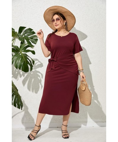 Womens Plus Size Dress Loose Sundress Dress Short Sleeve Side Split Long Maxi Dresses Summer Casual Tie Knot Front Dress Wine...