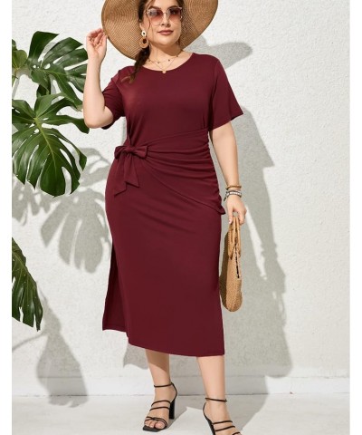 Womens Plus Size Dress Loose Sundress Dress Short Sleeve Side Split Long Maxi Dresses Summer Casual Tie Knot Front Dress Wine...