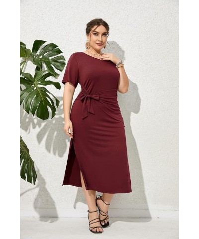 Womens Plus Size Dress Loose Sundress Dress Short Sleeve Side Split Long Maxi Dresses Summer Casual Tie Knot Front Dress Wine...