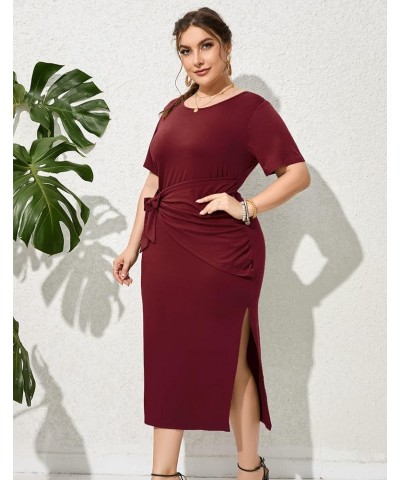 Womens Plus Size Dress Loose Sundress Dress Short Sleeve Side Split Long Maxi Dresses Summer Casual Tie Knot Front Dress Wine...