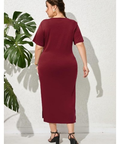 Womens Plus Size Dress Loose Sundress Dress Short Sleeve Side Split Long Maxi Dresses Summer Casual Tie Knot Front Dress Wine...