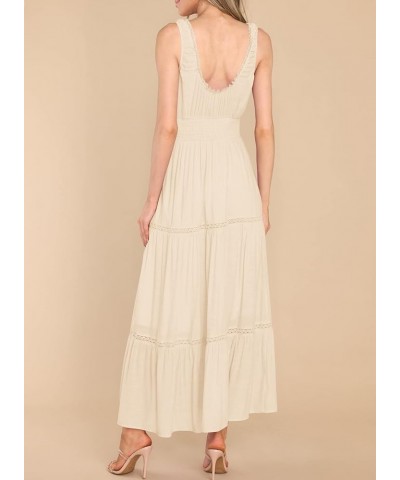 Women's Summer Sleeveless Lace Trim Square Neck Smocked A-Line Flowy Tiered Maxi Dress with Pockets Apricot $26.00 Dresses