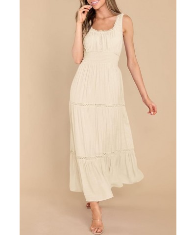 Women's Summer Sleeveless Lace Trim Square Neck Smocked A-Line Flowy Tiered Maxi Dress with Pockets Apricot $26.00 Dresses