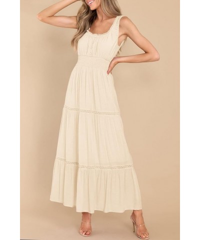 Women's Summer Sleeveless Lace Trim Square Neck Smocked A-Line Flowy Tiered Maxi Dress with Pockets Apricot $26.00 Dresses