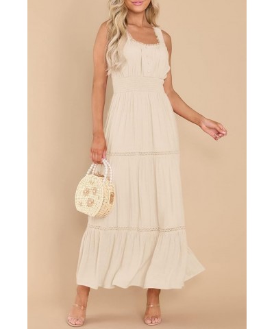 Women's Summer Sleeveless Lace Trim Square Neck Smocked A-Line Flowy Tiered Maxi Dress with Pockets Apricot $26.00 Dresses