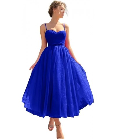 Tea Length Tulle Prom Dresses Short for Women Spaghetti Strap Pleated Formal Party Evening Gowns with Pocket Royal Blue $26.4...