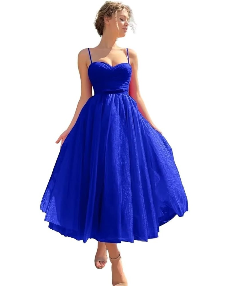 Tea Length Tulle Prom Dresses Short for Women Spaghetti Strap Pleated Formal Party Evening Gowns with Pocket Royal Blue $26.4...