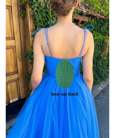 Tea Length Tulle Prom Dresses Short for Women Spaghetti Strap Pleated Formal Party Evening Gowns with Pocket Royal Blue $26.4...