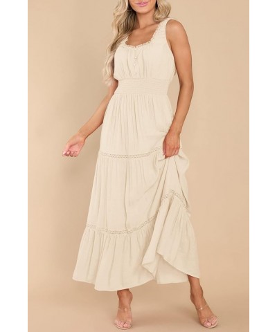 Women's Summer Sleeveless Lace Trim Square Neck Smocked A-Line Flowy Tiered Maxi Dress with Pockets Apricot $26.00 Dresses