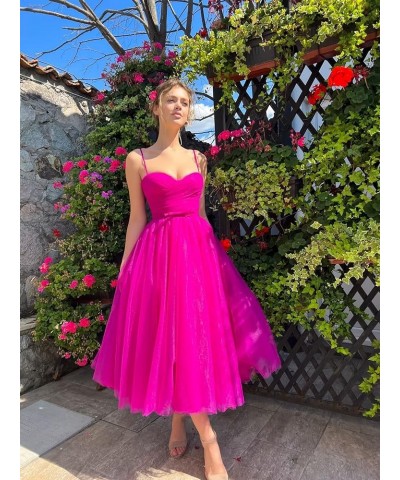 Tea Length Tulle Prom Dresses Short for Women Spaghetti Strap Pleated Formal Party Evening Gowns with Pocket Royal Blue $26.4...