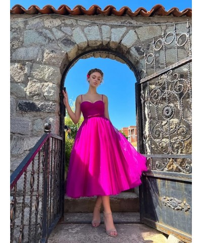 Tea Length Tulle Prom Dresses Short for Women Spaghetti Strap Pleated Formal Party Evening Gowns with Pocket Royal Blue $26.4...