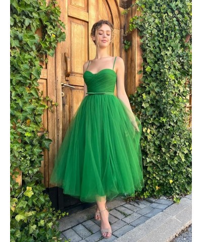 Tea Length Tulle Prom Dresses Short for Women Spaghetti Strap Pleated Formal Party Evening Gowns with Pocket Royal Blue $26.4...