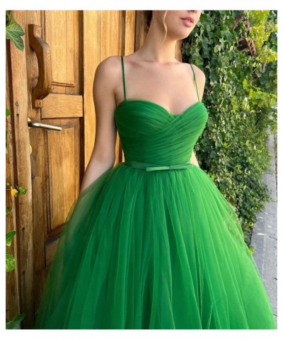 Tea Length Tulle Prom Dresses Short for Women Spaghetti Strap Pleated Formal Party Evening Gowns with Pocket Royal Blue $26.4...