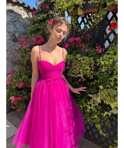 Tea Length Tulle Prom Dresses Short for Women Spaghetti Strap Pleated Formal Party Evening Gowns with Pocket Royal Blue $26.4...