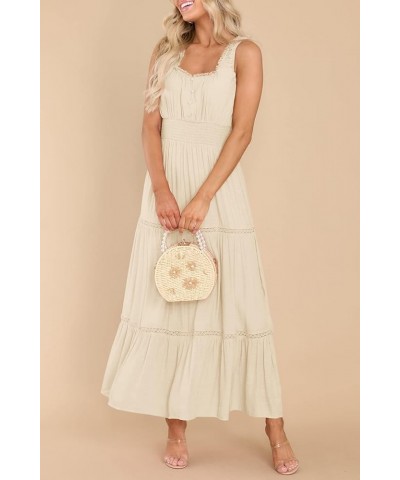 Women's Summer Sleeveless Lace Trim Square Neck Smocked A-Line Flowy Tiered Maxi Dress with Pockets Apricot $26.00 Dresses