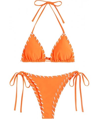 Women Bikini Set Two Piece Twisted Trim Tie Back Halter Cheeky Swimsuit Bathing Suit Orange $19.59 Swimsuits