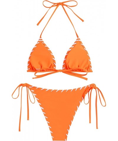 Women Bikini Set Two Piece Twisted Trim Tie Back Halter Cheeky Swimsuit Bathing Suit Orange $19.59 Swimsuits