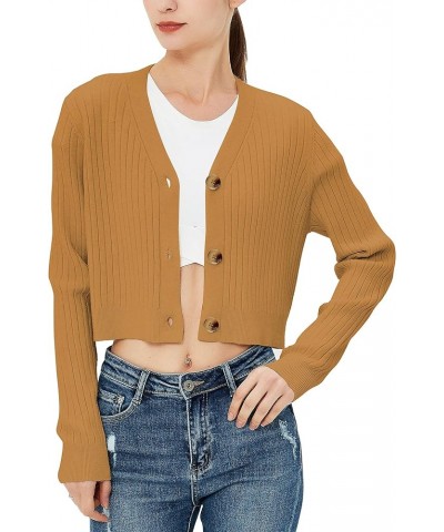 Women's Long Sleeve Cropped Cardigan V Neck Solid Button Down Knit Bolero Shrugs Brown $16.19 Sweaters