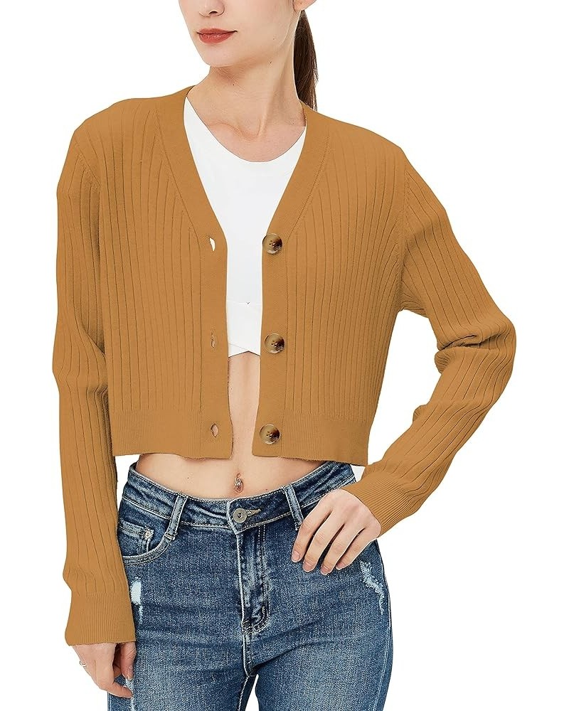 Women's Long Sleeve Cropped Cardigan V Neck Solid Button Down Knit Bolero Shrugs Brown $16.19 Sweaters