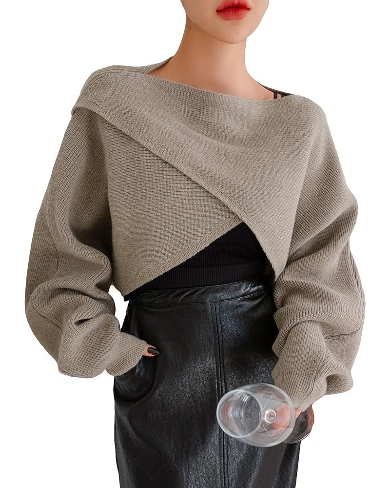 Women's Criss Cross Boat Neck Long Sleeve Crop Sweater Solid Casual Plain Sweater Coat Mocha Brown $27.72 Sweaters