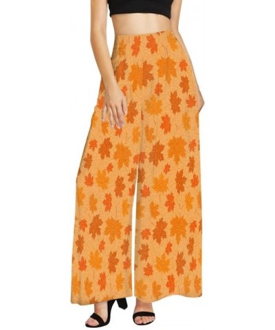 Womens Casual Wide Leg Long Lounge Pant Trousers, Monet Art Elastic High Waisted Palazzo Trousers Plus Size Clubwear Maple Le...