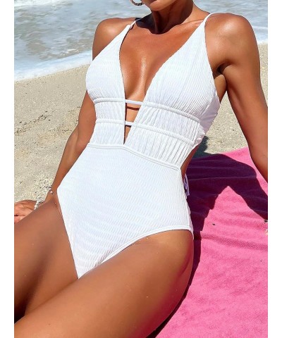 Women's Solid Criss Cross Deep V Neck One Piece Swimsuit Y2K Backless Tie Bathing Suits Swimwear Beachwear White $19.50 Swims...